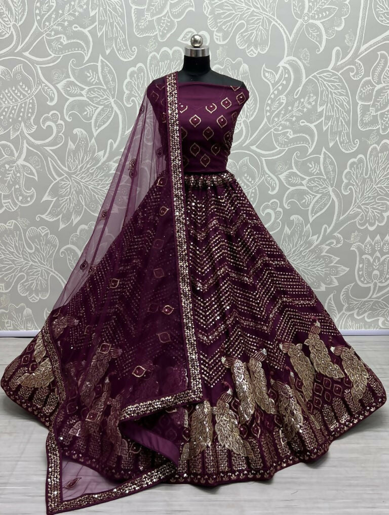 Jyoti Fashion Women's Purple Bridal Net Fancy Foil & Sequins with Multi Thread Embroidered Wedding Lehenga Choli - Distacart