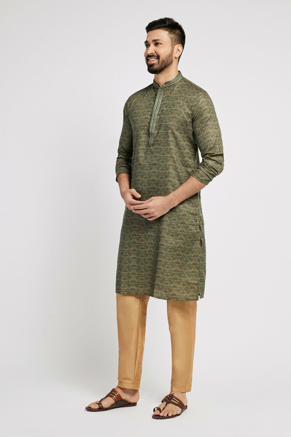 Ethnic India Green Men's Kurta Abstract Polyester - Distacart