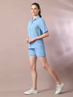 Thumbnail for Myshka Women's Blue Solid Shirt Collar Party Shirt With Shorts Co-ord set - Distacart