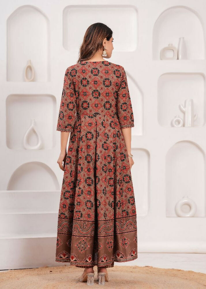 Jaimini Women Cotton Printed Round Neck Calf Length Flared Kurta Pant And Dupatta Set - Dista
