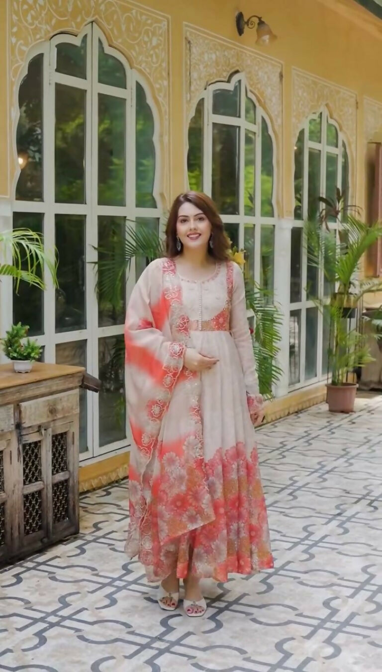 Teeya Creation Multi Color Organza Silk With Digital print With Embroidery Gown