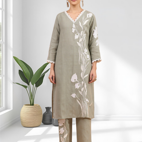 Joban Fashion Gray Linen Embroidered Readymade Long Kurta With Pant - Distacart