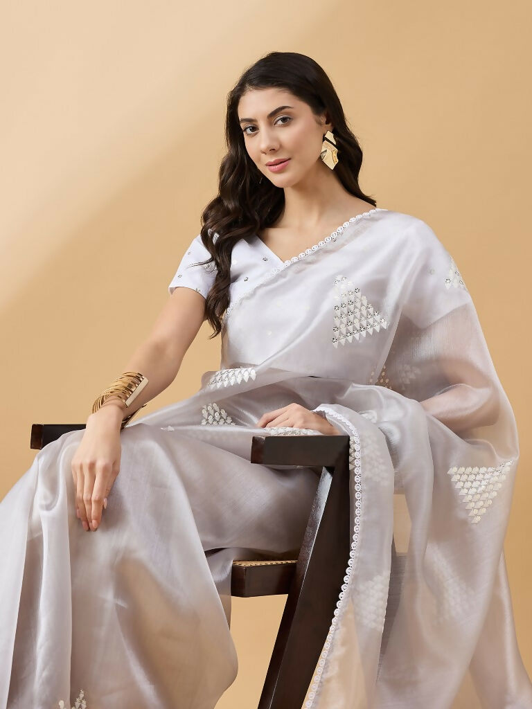 Grey Tissue Slub Embroidered Saree with Unstitched Blouse - Vairagi - Distacart