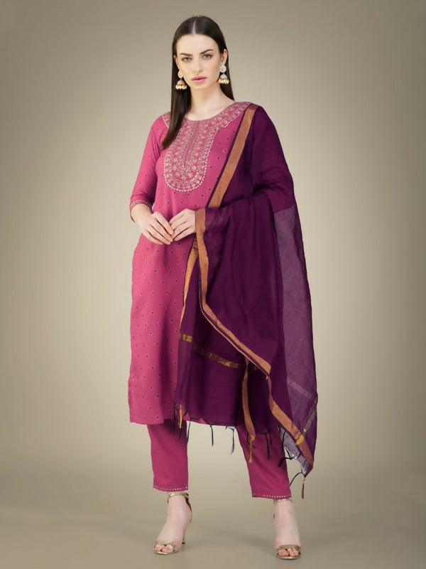 Jyoti Fashion Women's Wine Cotton Magic Slub Embroidery & Sequence work Kurta with Trouser & Dupatta - Distacart