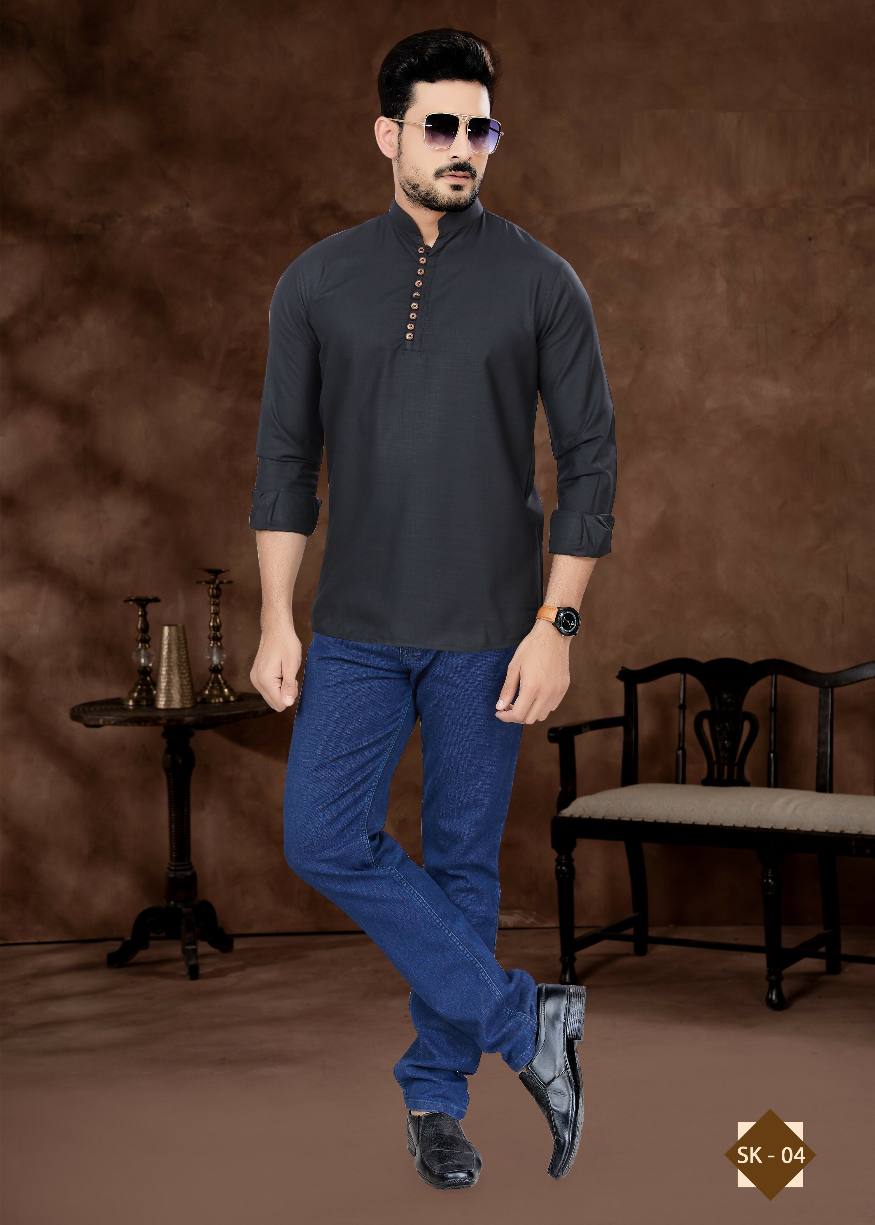 Joban Fashion Men's Pure Cotton Black Plain Short Kurta