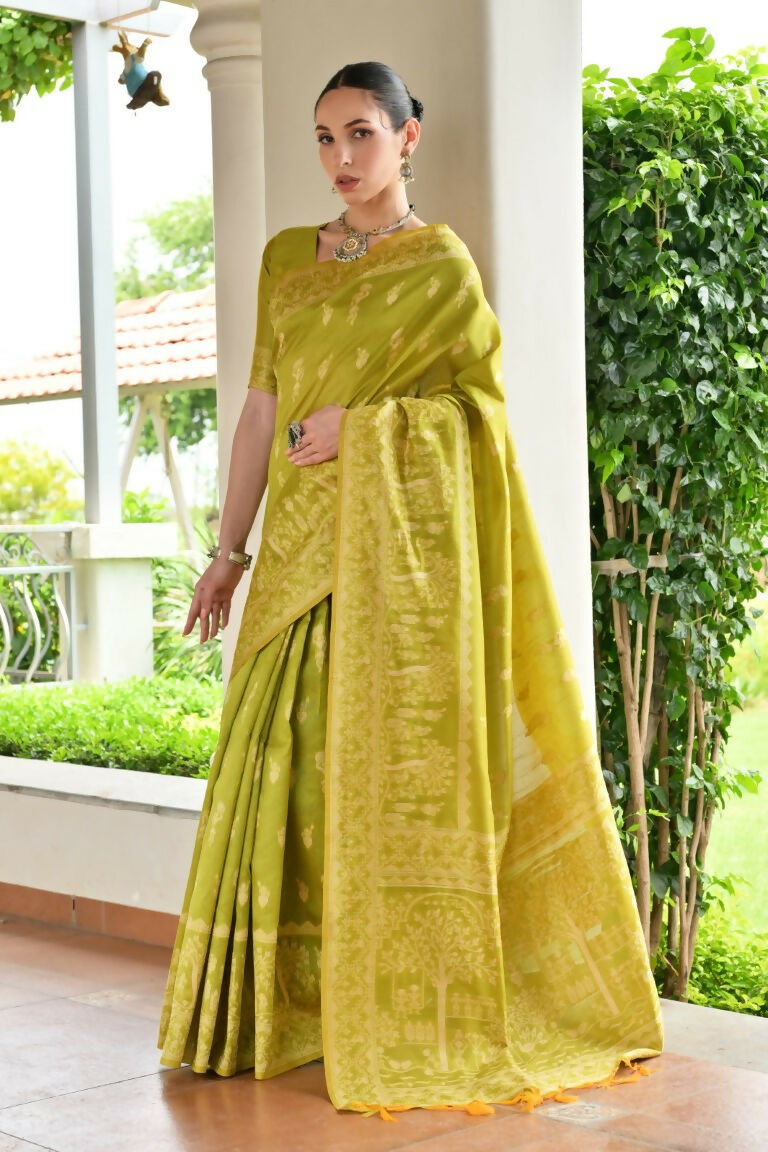 Vishnu Weaves Women's Mahendi Handloom Raw Silk Thread Weaving Saree with Blouse