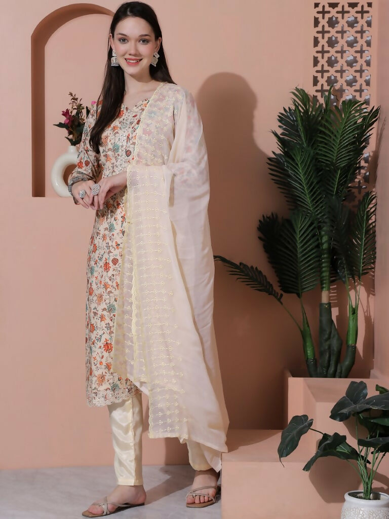 Jyoti Fashion Women's Beige Cotton Floral Digital Printed Kurta with Trouser & Dupatta - Distacart