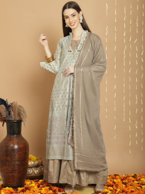 Jyoti Fashion Women's Green Chanderi Silk Elegant Jardoshi Semi Kurta with Trouser & Dupatta - Distacart