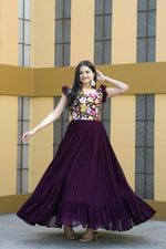 Thumbnail for Jyoti Fashion Women's Wine Sequins Thread Embroidery Faux Blooming Anarkali Dress - Distacart