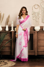 Thumbnail for Vastranavya White Digital Printed Linen Ready To Wear Designer Saree with Unstitched Blouse - Distacart