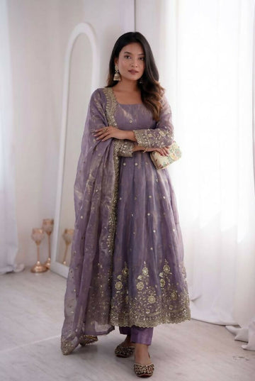 Teeya Creation Womens New Latest Trendy Elegant Lavendar Embroidered Anarkali Suit Set with Scalloped Dupatta - Dista