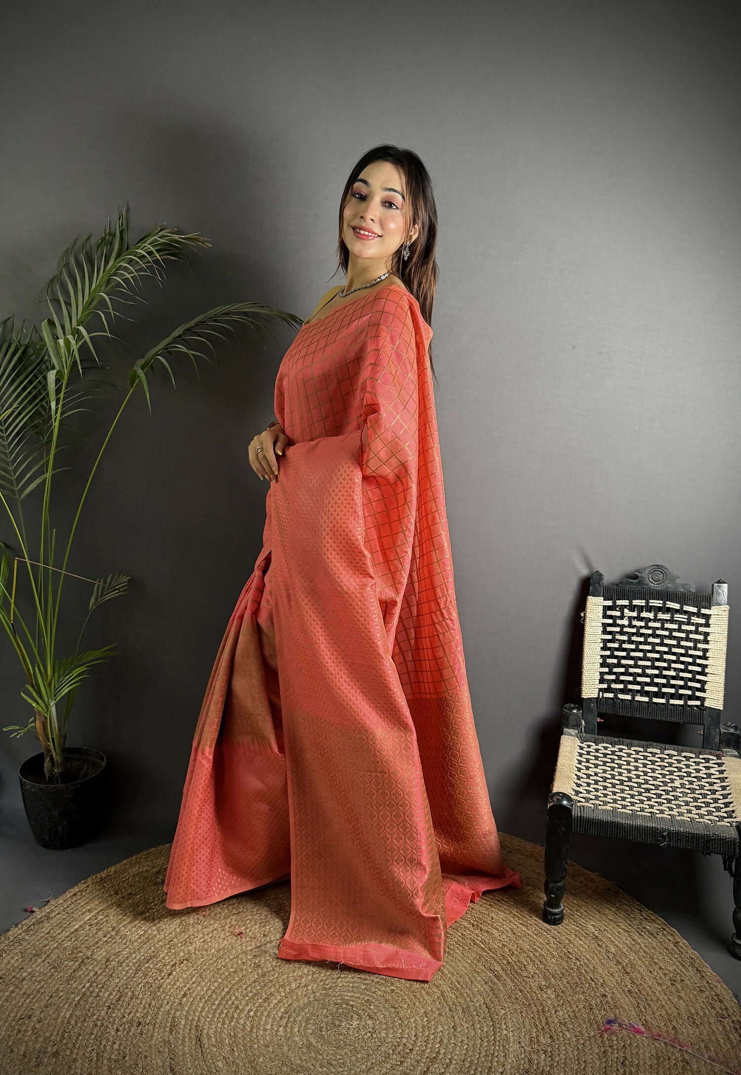 Joban Fashion Peach Banarasi Soft Lichi Silk Checks & Woven Saree