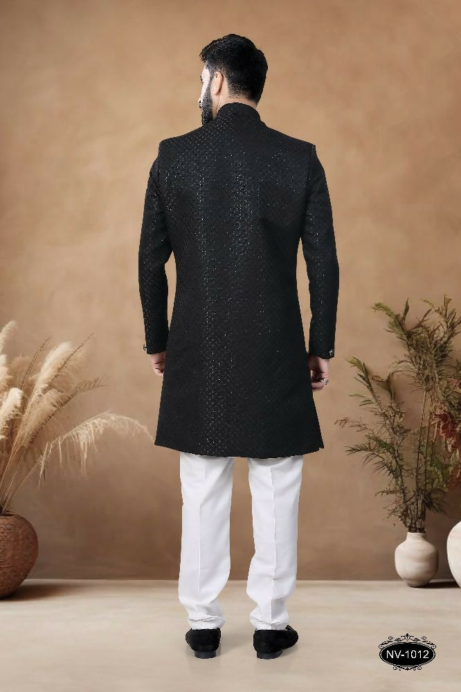 Joban Fashion Men's Black Straight Silk Thread & Sequence Embroidery All Over Indo-Western Kurta Set - Distacart