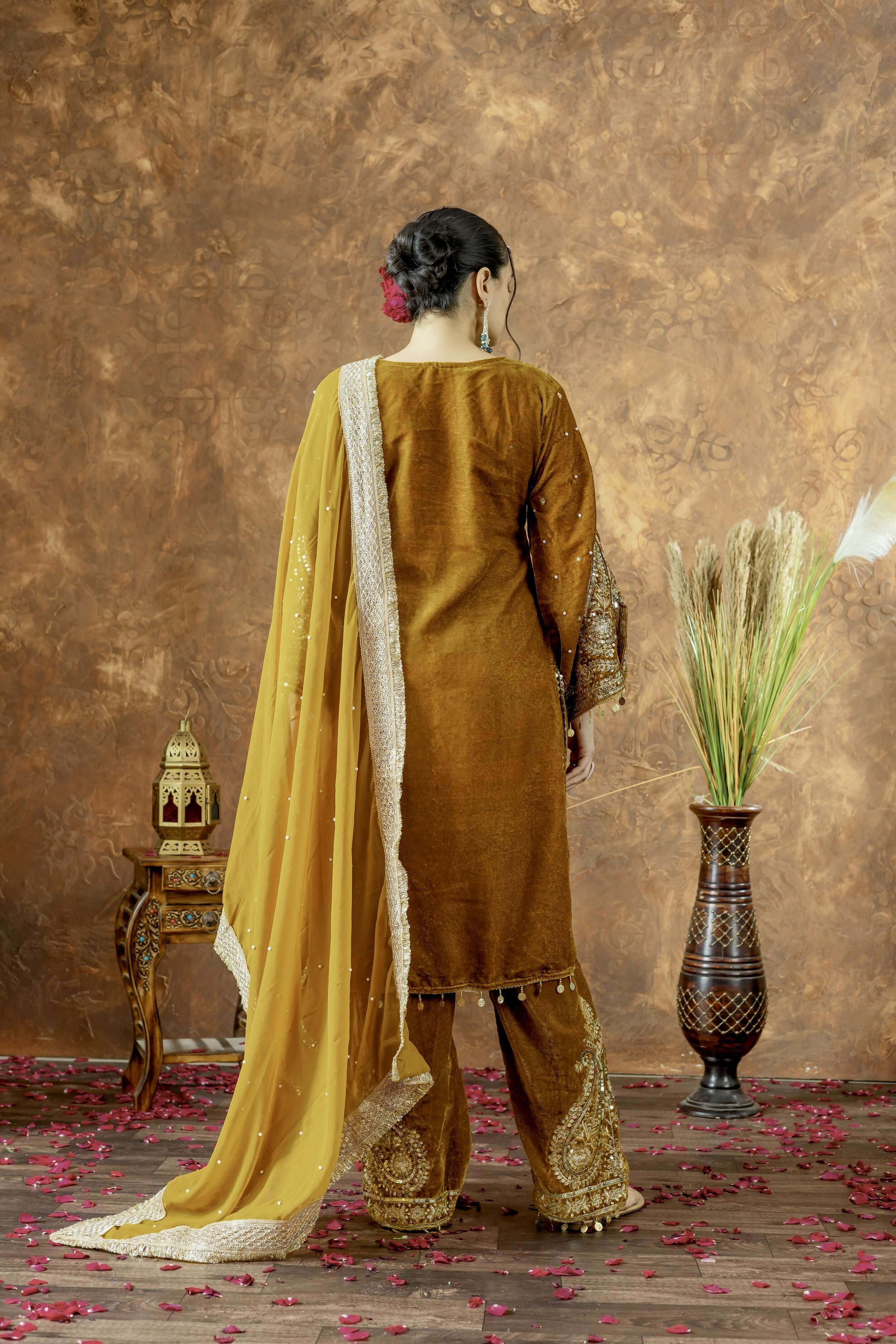 Teeya Creation Yellow Color Velvet Silk Embroidery Work Party Wear Suit