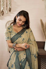 Thumbnail for Joban Fashion Beige Floral Linen Ready To Wear Saree With Unstitched Blouse - Distacart
