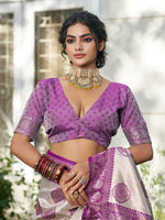 Thumbnail for Shree Shyam Fashion Cream With Purple Silk Blend Saree - Distacart