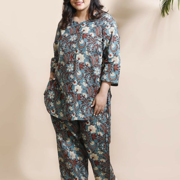 Breathables Blue Kalamkari Kurta & Pant Cotton Co-Ord Set - Dista