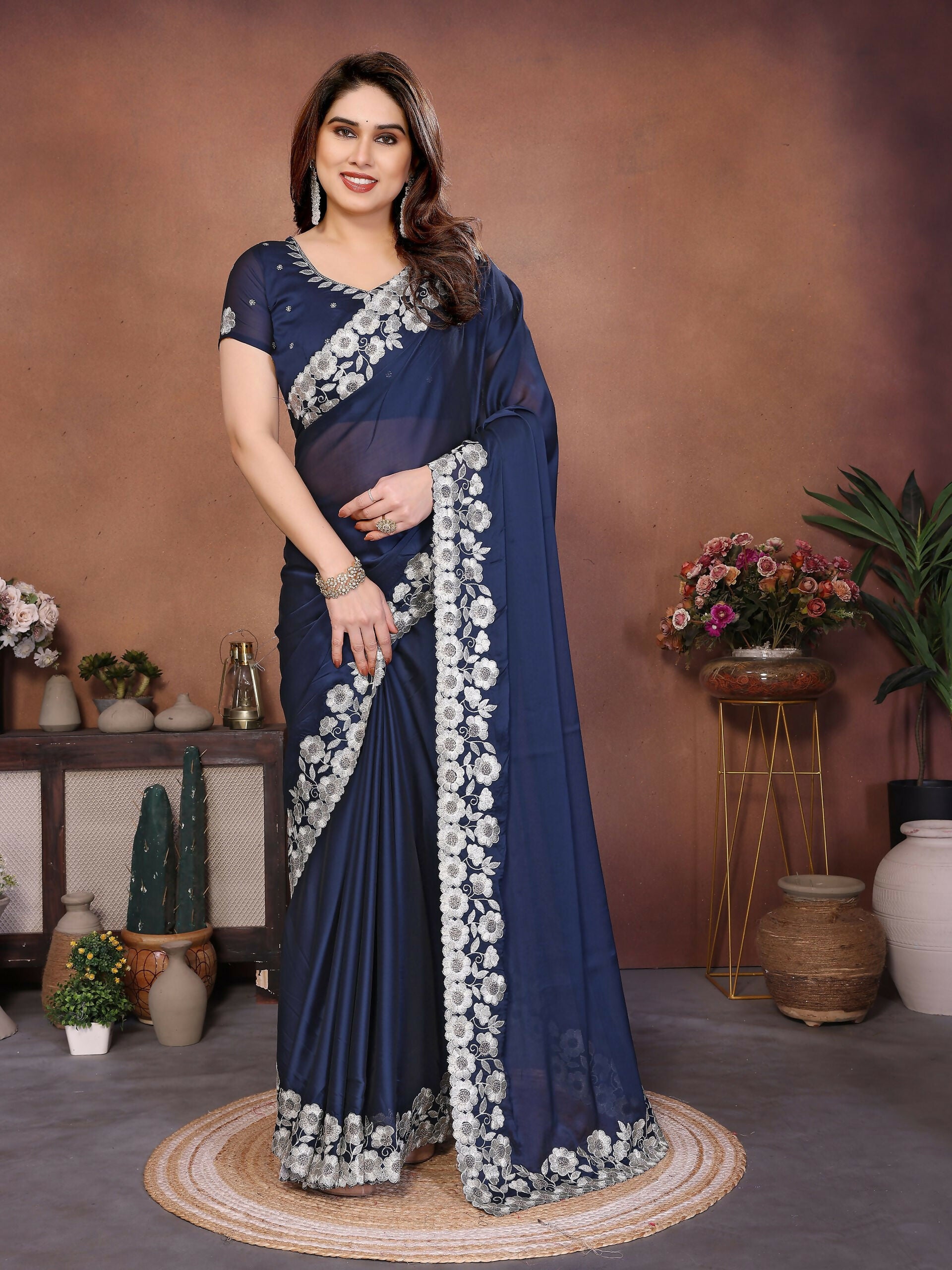 Teeya Creation New Trendy Stylish Party Wear Silk Saree-Dark_Navy_Blue - Dista