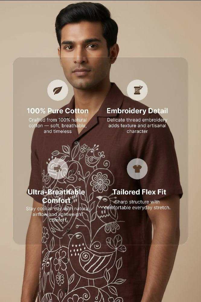 Botan — Brown Embroidered Cotton Shirt by Hilo Design - Dista