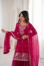 Thumbnail for Lehenga Mart Designer Sharara Suit With Kurta, Sharara, Dupatta For Women-Dark Rani - Distacart
