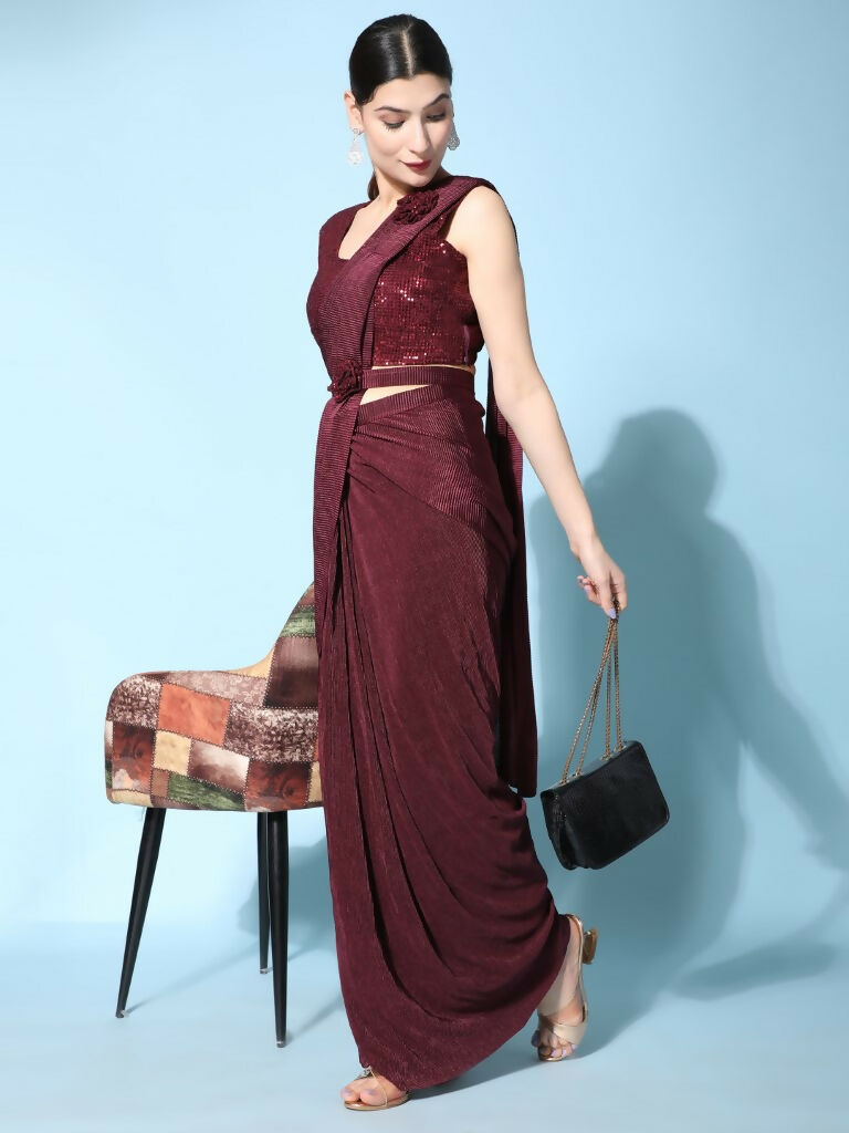 Maroon Imported Crush Lycra Texture Pattern Ready to Wear Saree with stitched Blouse - Nirvana - Distacart