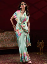 Thumbnail for Vastranavya Pista Satin Silk Floral Printed with Pearl Lace Saree with Unstitched Blouse - Distacart