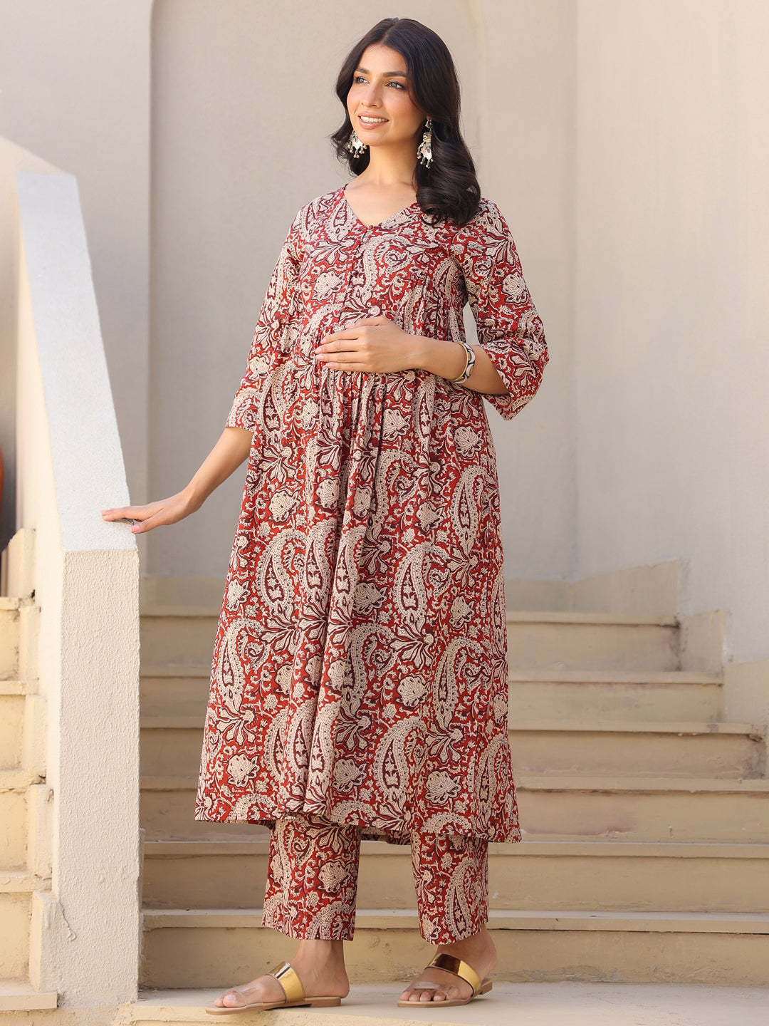 Janasya Dark Cotton Paisley A-Line Top & Bottom Set