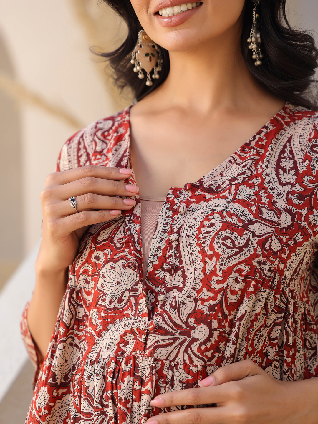 Janasya Dark Cotton Paisley A-Line Top & Bottom Set