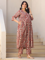 Thumbnail for Janasya Dark Cotton Paisley A-Line Top & Bottom Set