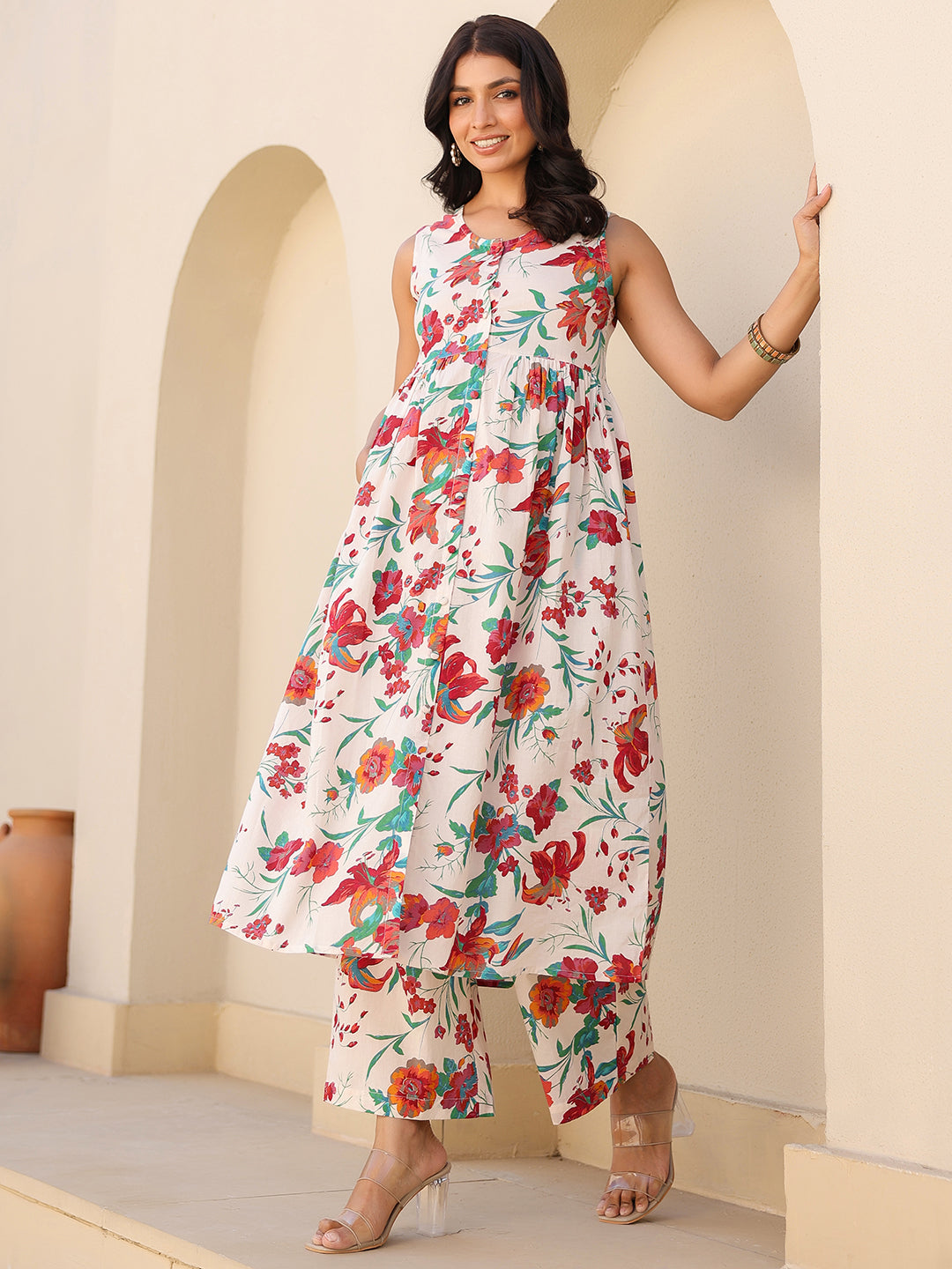 Janasya Light Cotton Floral A-Line Kurta Set
