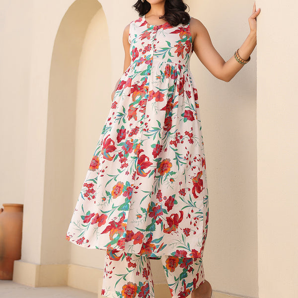 Janasya Light Cotton Floral A-Line Kurta Set