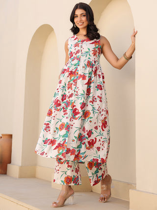 Janasya Light Cotton Floral A-Line Kurta Set