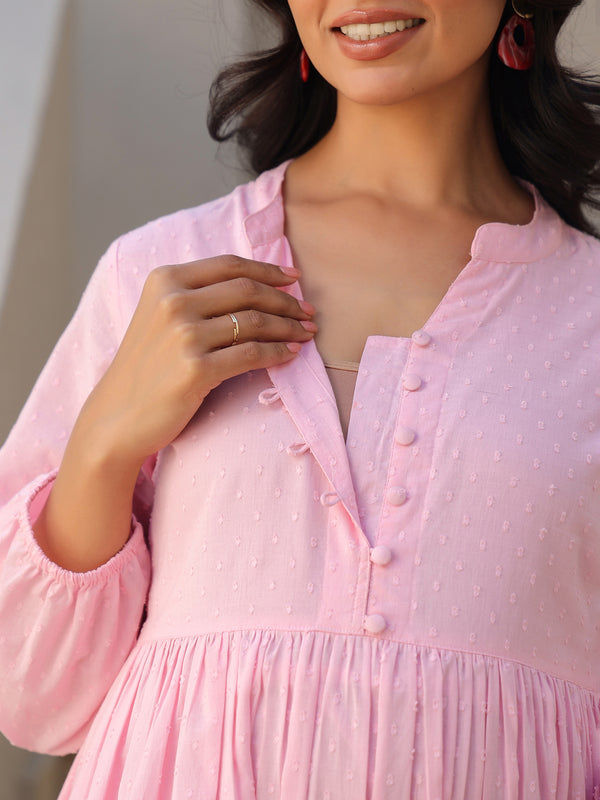 Janasya Light Dobby Cotton Self Design A-Line Kurta Set