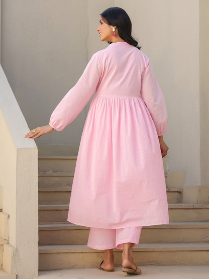 Janasya Light Dobby Cotton Self Design A-Line Kurta Set - Distacart