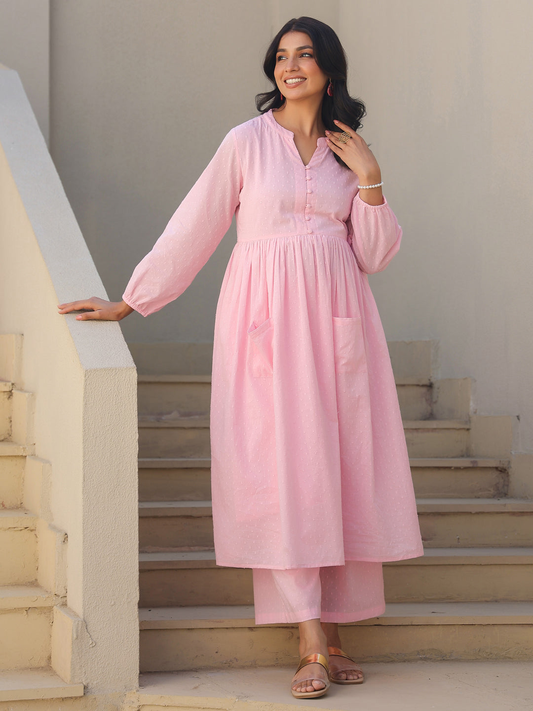 Janasya Light Dobby Cotton Self Design A-Line Kurta Set - Distacart