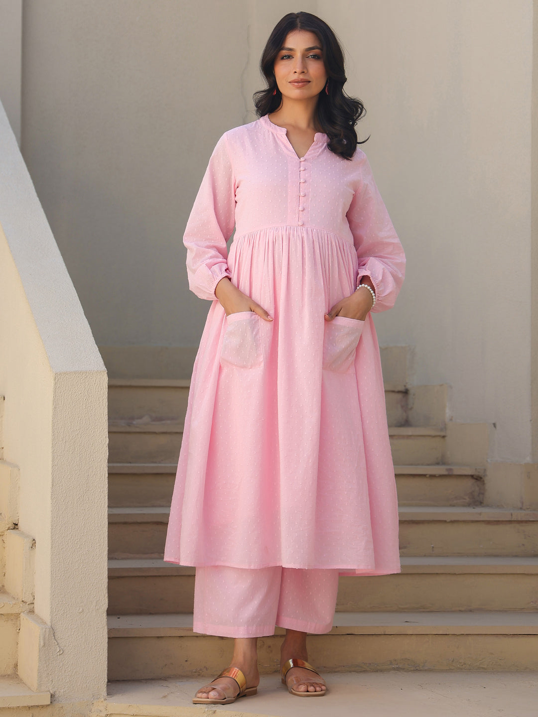 Janasya Light Dobby Cotton Self Design A-Line Kurta Set - Distacart
