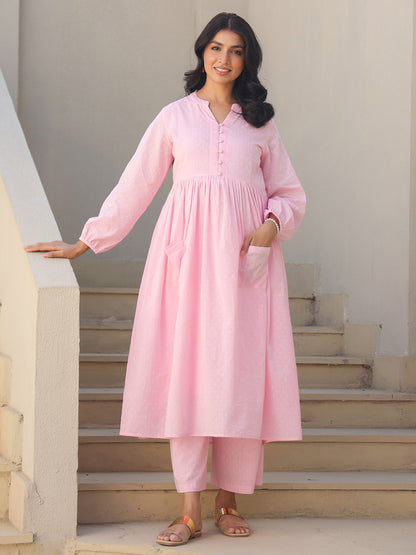 Janasya Light Dobby Cotton Self Design A-Line Kurta Set - Distacart
