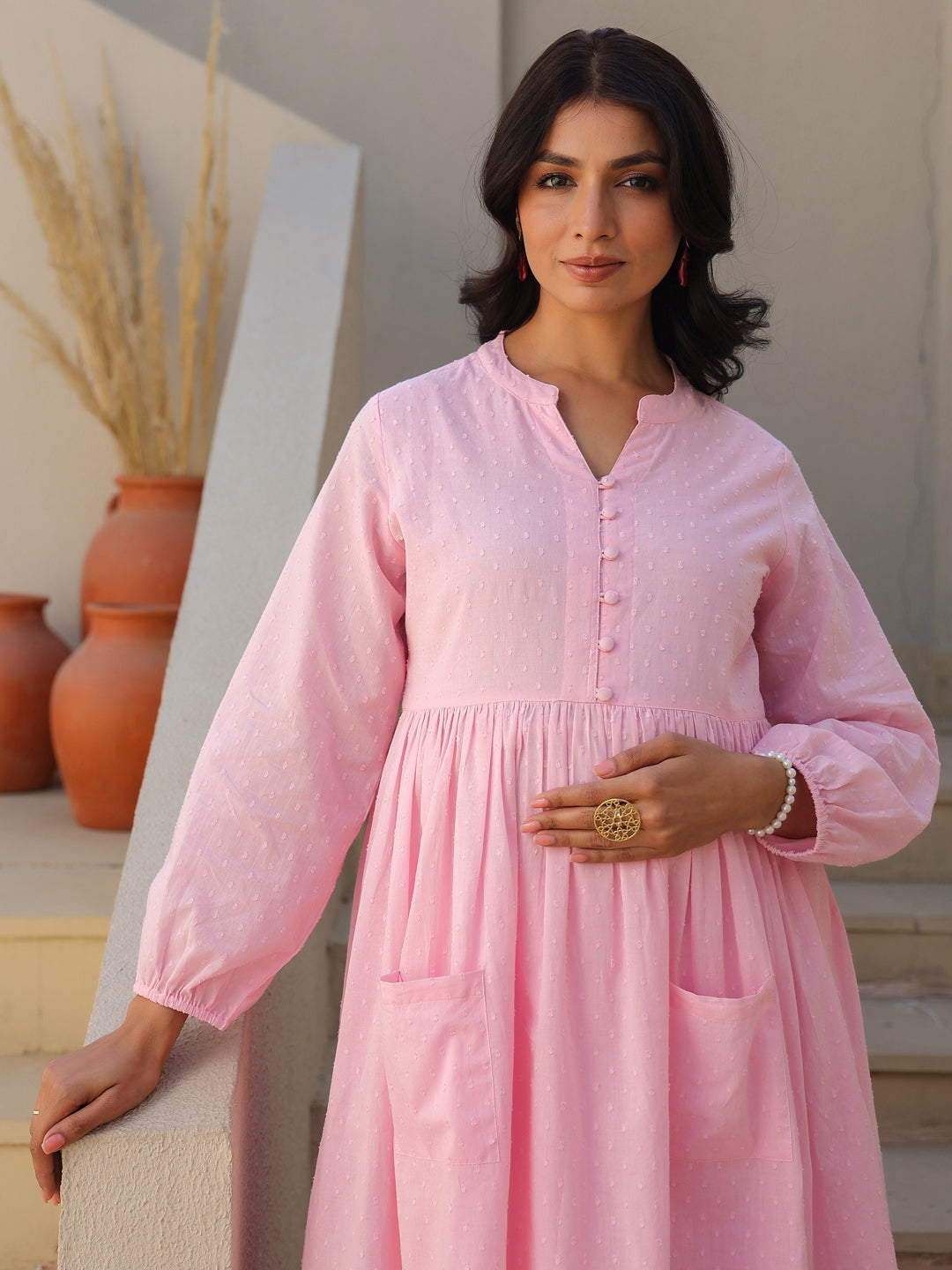 Janasya Light Dobby Cotton Self Design A-Line Kurta Set