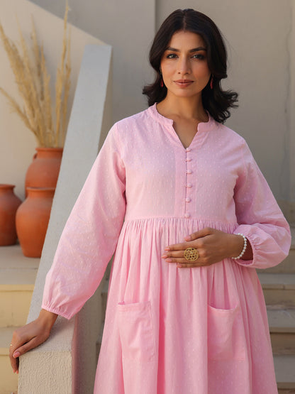 Janasya Light Dobby Cotton Self Design A-Line Kurta Set - Distacart