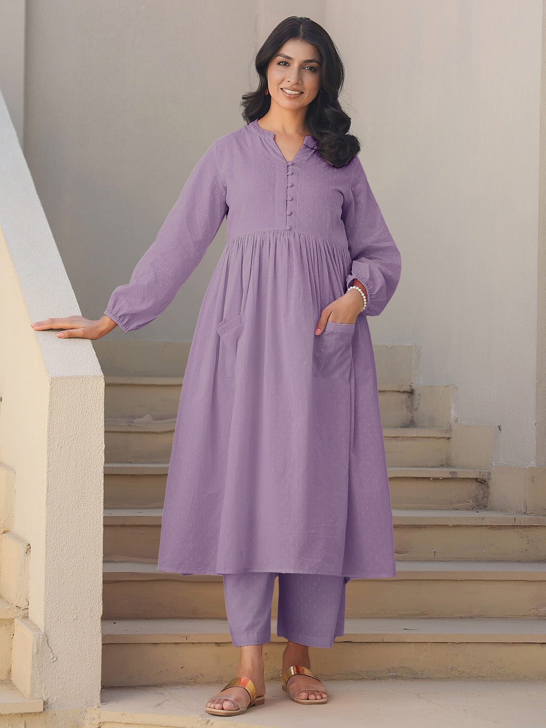 Janasya Light Dobby Cotton Self Design A-Line Kurta Set