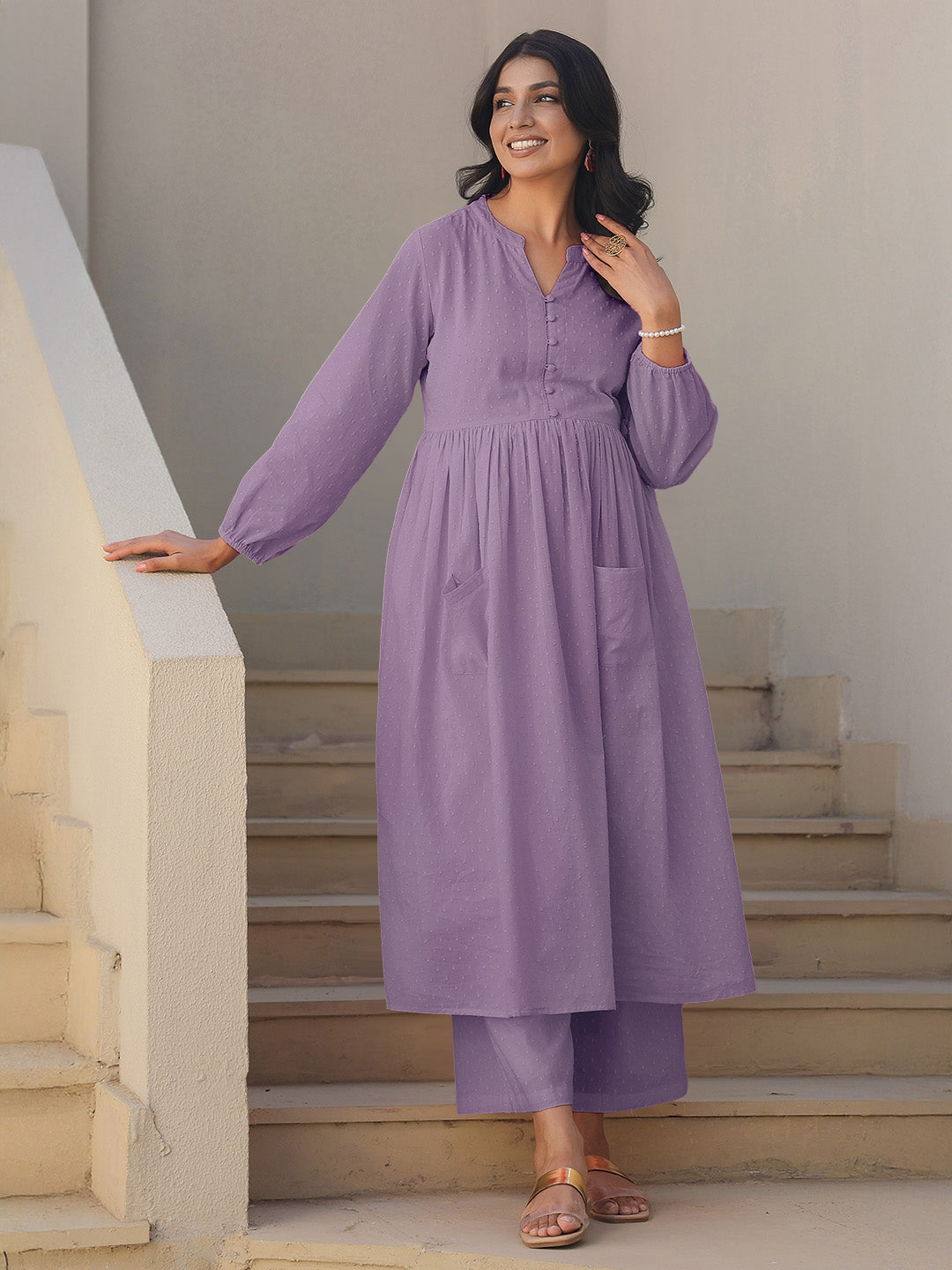 Janasya Light Dobby Cotton Self Design A-Line Kurta Set