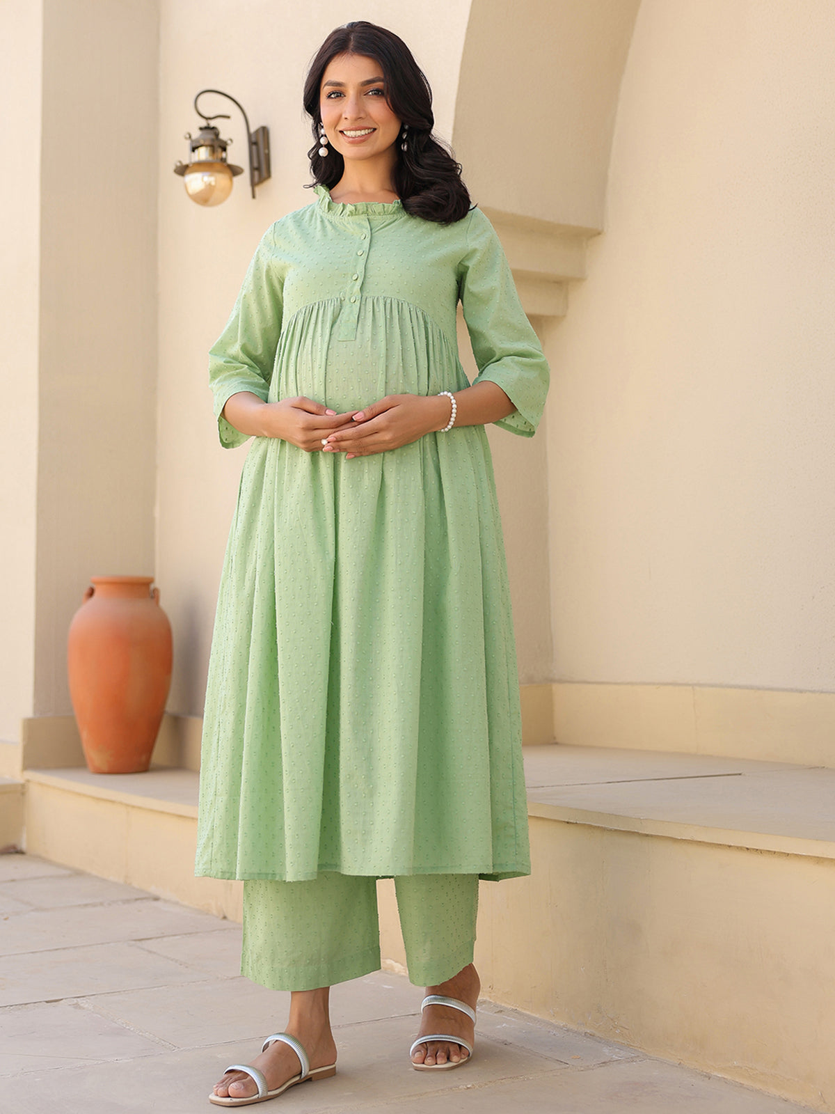 Janasya Light Dobby Cotton Self Design A-Line Kurta Set - Distacart