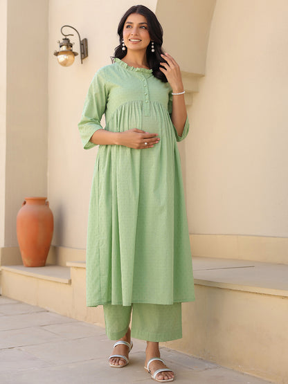 Janasya Light Dobby Cotton Self Design A-Line Kurta Set - Distacart