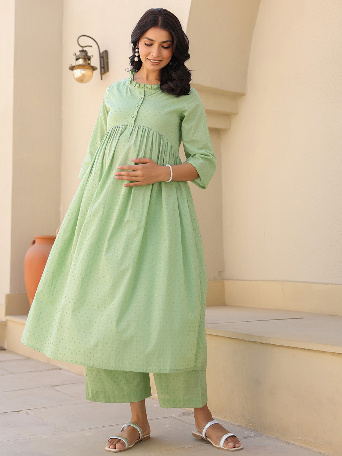 Janasya Light Dobby Cotton Self Design A-Line Kurta Set