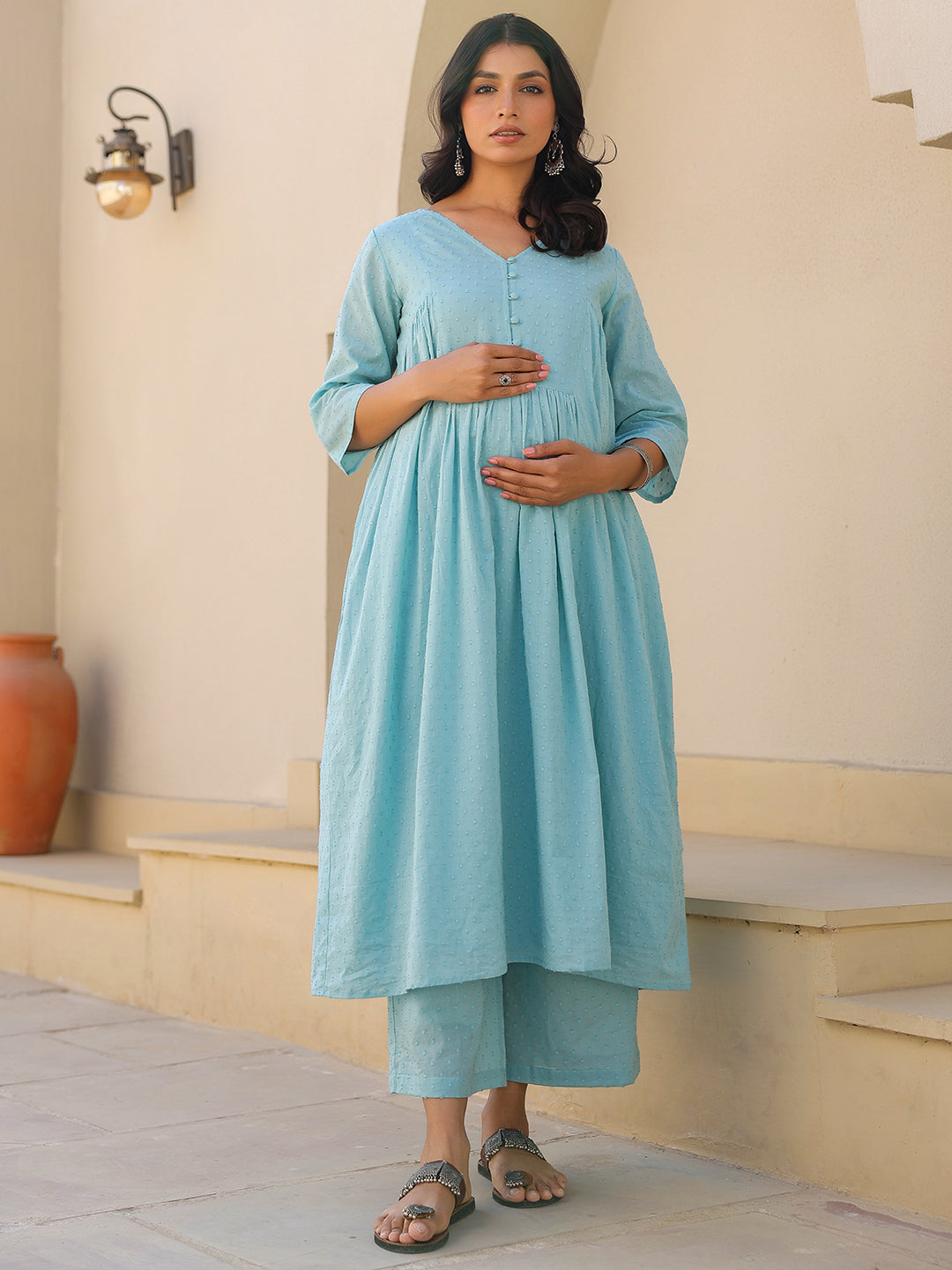 Janasya Light Dobby Cotton Self Design A-Line Top & Bottom Set - Distacart