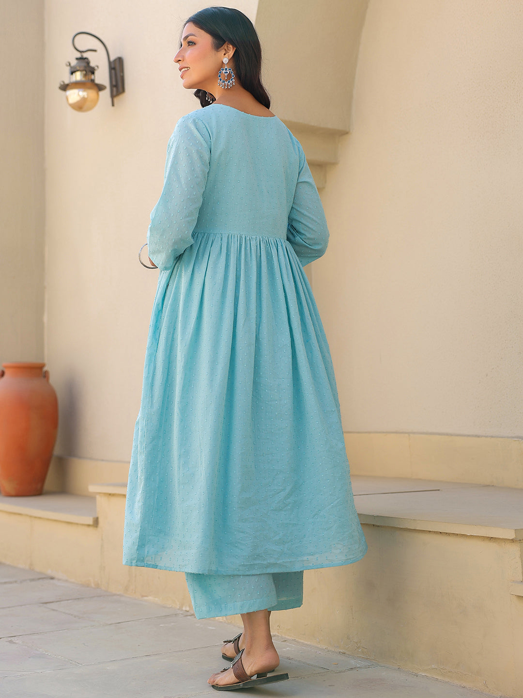 Janasya Light Dobby Cotton Self Design A-Line Top & Bottom Set