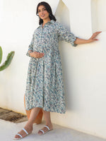 Thumbnail for Janasya Dark Cotton Floral A-Line Dress