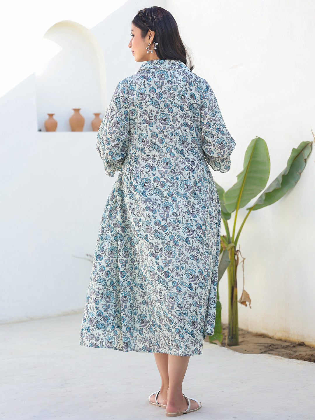 Janasya Dark Cotton Floral A-Line Dress