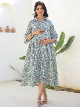 Janasya Dark Cotton Floral A-Line Dress