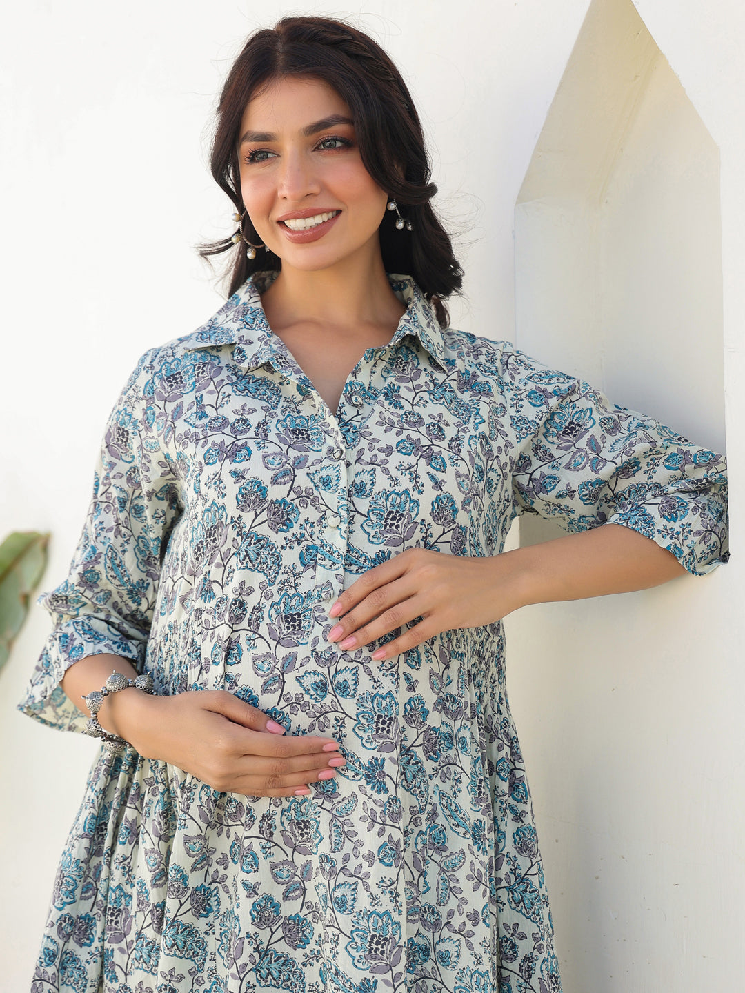 Janasya Dark Cotton Floral A-Line Dress
